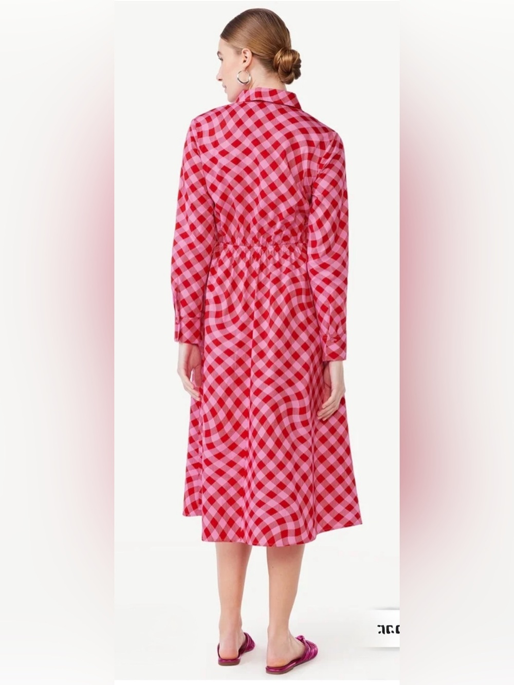 Scoop women dress Red Pink Gingham Twist-Waist Midi Shirt Dress size: L - Picture 3 of 17